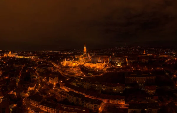 Aerial Drone Shot Matthias Church Lights Buda Hill Budapest Evening — Stock Photo, Image