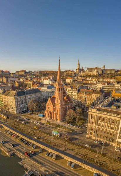 Flygdrönare Skott Szilagy Dezso Square Reformerade Kyrkan Matthias Church Budapest — Stockfoto