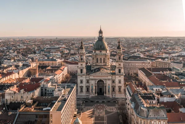 Aerial Drone Shot Stephen Basilica Empty Square Budapest Sunrise Glow — Foto de Stock