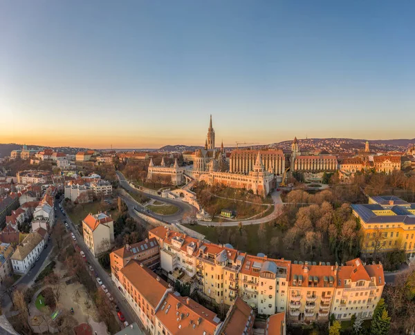 Flygdrönare Skott Matthias Church Buda Hill Budapest Soluppgång Gryningen Vintern — Stockfoto