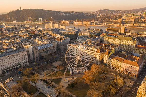 Aerial drone shot of Erzsebet ter Square at dawn in budapet downtown in winter