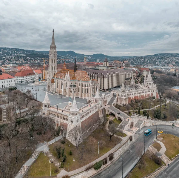 Flygdrönare Skott Matthias Church Buda Hill Budapest Före Soluppgången Vintern — Stockfoto