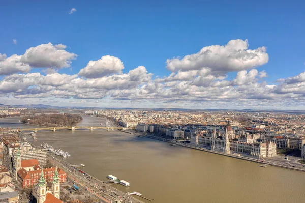 Tiro Aéreo Avión Tripulado Del Parlamento Húngaro Por Danubio Desde — Foto de Stock