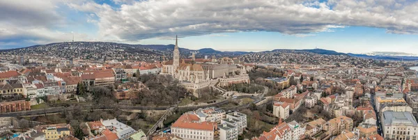 Aerial Panoramic Drone Shot Fisherman Bastion Buda Hill Budapest Winter — Stock Photo, Image