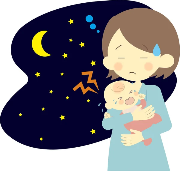 Bébé pleurant la nuit et mère en difficulté — Image vectorielle