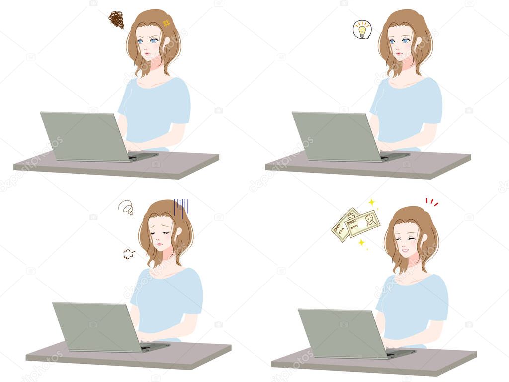 Illustration set of women using a personal computer