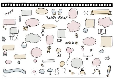 Yumuşak, sessiz nüans renkleriyle bestelenmiş el yapımı konuşma baloncukları ve ikonlar.