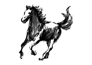 Dörtnala koşan bir atın güçlü mürekkep stili çizimi.