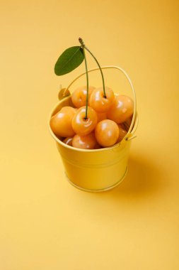 Çilek sarı kova, sarı zemin üzerine tatlı kiraz meyveleri. İyi kavram kartları. Doğal ürün.