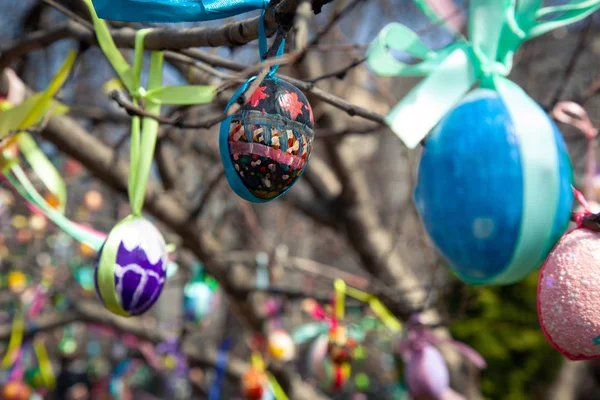 Christliche Feiertage Ostern Bäume Mit Bemalten Eiern Geschmückt Ist Eine — Stockfoto