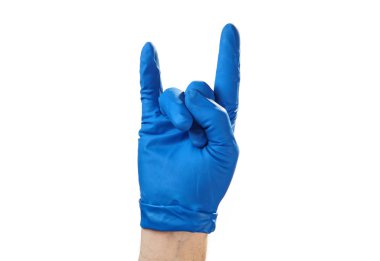 Erkek el olarak eldiven üzerinde beyaz bir arka plan, iyi fikir, işaret ve sembolleri çizimi.