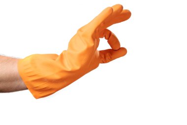Temizleme, ev, Bahçe, koruma için turuncu lastik eldiven el hareketi. Beyaz ayrı tut moduyla arka plan.