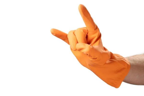 Χειρονομία Καθαρισμού Πορτοκαλί Καουτσούκ Γάντι Για Προστασία Σπίτι Κήπος Λευκό — Φωτογραφία Αρχείου