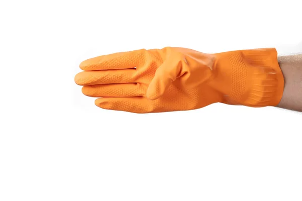 クリーニング ホーム ガーデン 保護用のオレンジ色のゴム手袋の手ジェスチャー ホワイト バック グラウンド分離 — ストック写真
