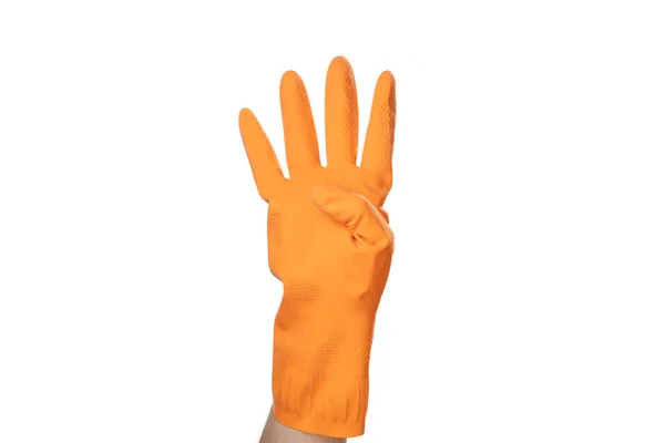 手动手势清洗 橡胶橙色手套 为家庭 白色隔离背景 — 图库照片