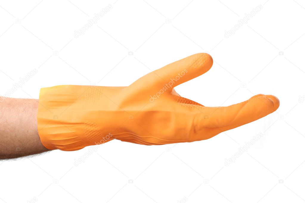 Hand gesture cleaning, rubber orange glove, for home, garden, protection. White isolate background.