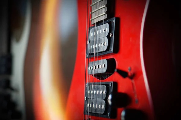 Close-up electric guitar sunbeams musical card. — Stock Photo, Image