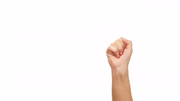 手的运动显示了两个手指在白色背景上胜利的象征 全脸射击 — 图库视频影像