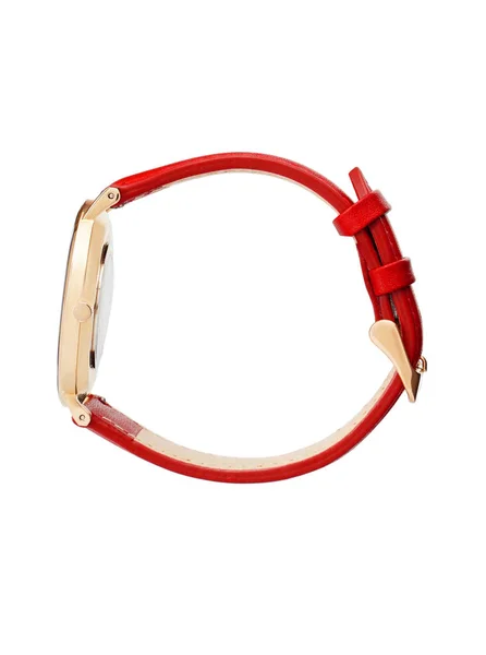 Classic donne orologio d'oro quadrante bianco, cinturino in pelle rossa isolare sfondo bianco — Foto Stock