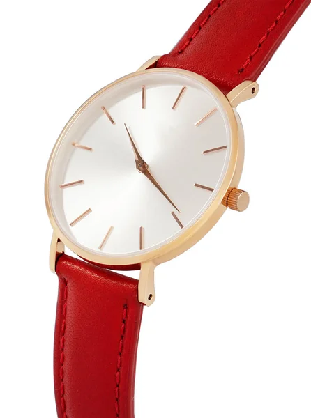 Κλασικό γυναικείο χρυσό ρολόι λευκό καντράν, κόκκινο δερμάτινο λουράκι απομονώσετε λευκό φόντο — Φωτογραφία Αρχείου