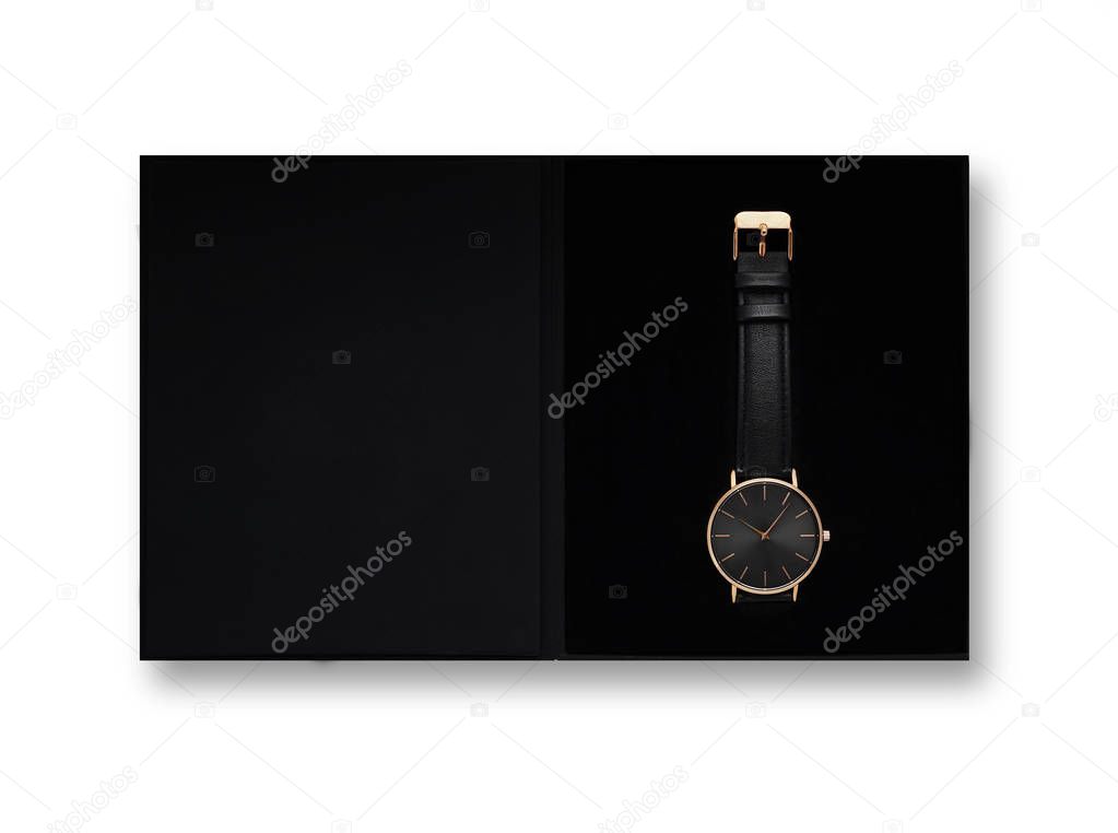 Classic women gold watch black dial, leather strap, isolate on white background