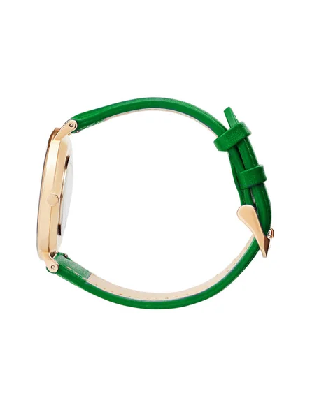 Classique femmes montre en or cadran blanc, bracelet en cuir vert isoler fond blanc — Photo