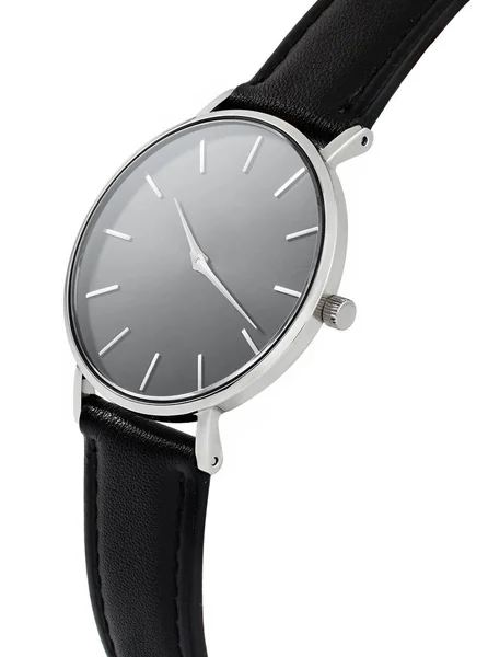 Kobiety Klasyczne zegarek srebrny, czarny cyferblat, skórzany pasek, izolat na białym tle — Zdjęcie stockowe
