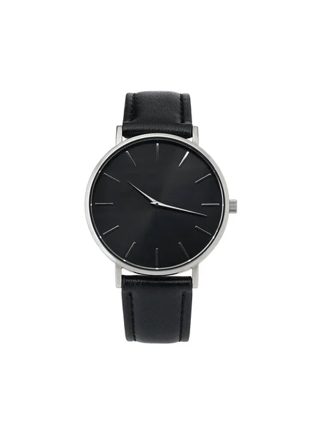 Classic women silver watch black dial, leather strap, isolate on white background — Stock Photo, Image