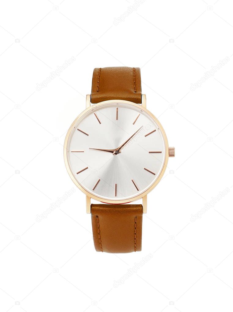 Classic women gold watch white dial, brown leather strap isolate white background