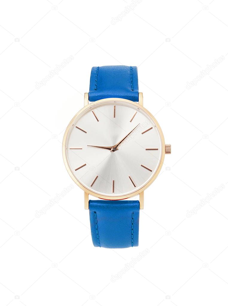 Classic women gold watch white dial, blue leather strap isolate white background