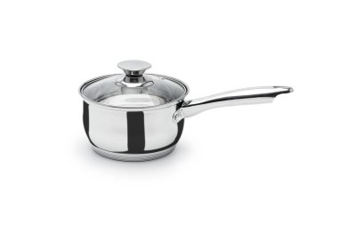 Mutfak eşyaları kazan pot gümüş metal cam krom kaplama kaplama beyaz bir arka plan üzerinde izole et. Bir gölge atar.