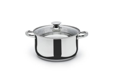 Mutfak eşyaları kazan pot gümüş metal cam krom kaplama kaplama beyaz bir arka plan üzerinde izole et. Bir gölge atar.