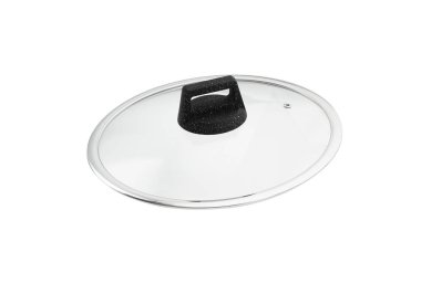 Mutfak eşyaları cam kapak siyah plastik saplı izole beyaz arka plan üzerinde. 