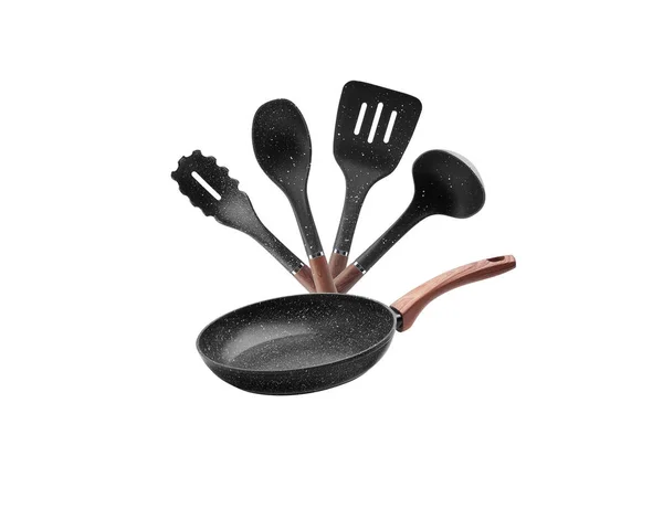 Frying Pan Wooden Handle Set Four Blades Ladle Isolate Kitchen — Stock Photo, Image