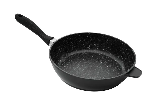 Кухонна сковорода з чорною пластиковою ручкою скляна кришка ізольована — стокове фото