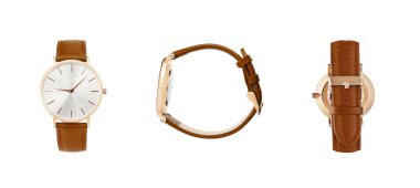 Klasik kadın izle, zaman deri kayış ile saat, beyaz arka planda izole.