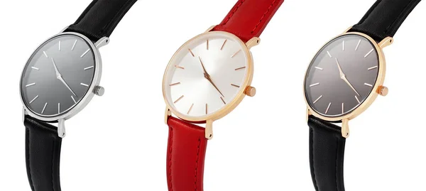 Reloj clásico de las mujeres, reloj con correa de cuero del tiempo, aislar sobre fondo blanco . — Foto de Stock