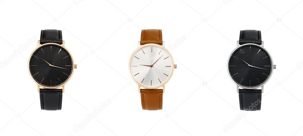 Classic women watch, clock with time leather strap, isolate on white background.