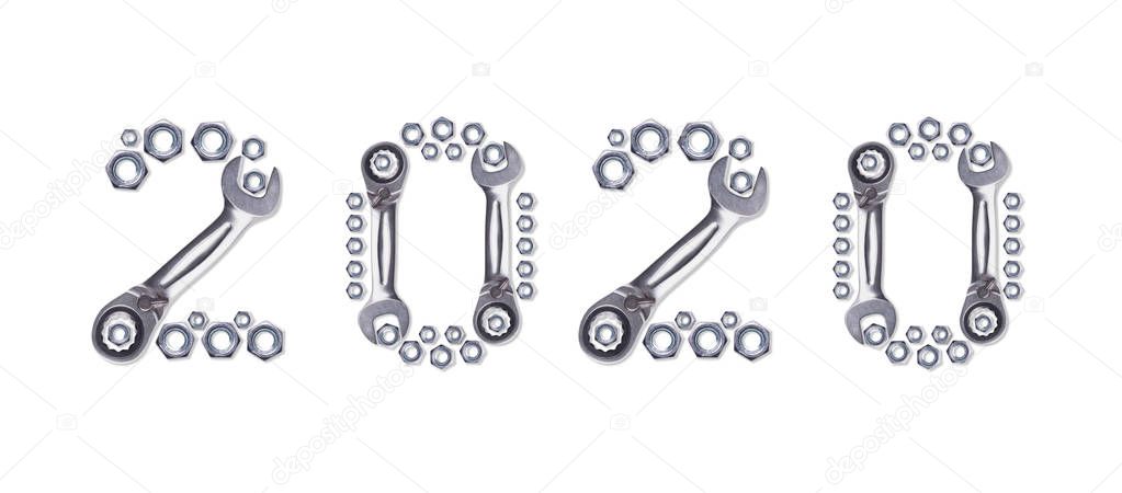 Pattern of metal nuts for bolts, numbers 2020 New Year, isolate on a white background. Spare parts for fastenings designs, Christmas card holiday greetings. Ratchet Wrench.