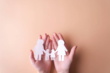 Beyaz kağıttan kesilmiş bir aile sembolü ile kadın ihale eller. İnsanların ve cinsel azınlıkların haklarını korumak. Dünyadaki dünya çocuklarına olan sevgi, temiz bir ekoloji. Yukarıdan görüntüle.