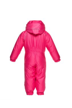 Kar giysisi, bebek kışlık giysileri. Kaputun mavi renginde yürümek için. Yan görünüş, beyaz izole arka plan..