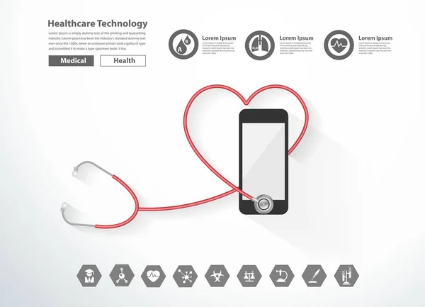 听诊器心脏与智能手机创意设计保健技术理念理念 矢量插画布局模板 — 图库矢量图片