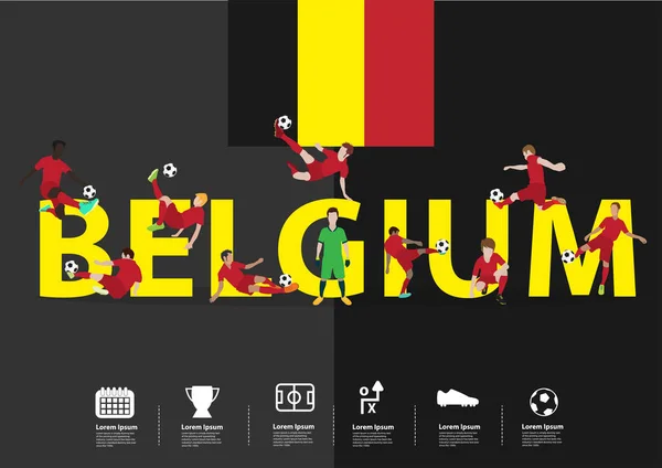 Giocatori di calcio in azione sul testo del Belgio — Vettoriale Stock