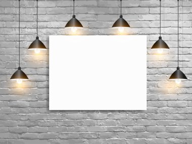 Vektör alay kadar poster tavan lambaları beyaz tuğla duvar, çatı katı çalışma alanı kavramı ile