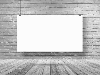 Beyaz tuğla duvar Oda, Loft çalışma alanı kavramı üzerinde asılı vektör mockup poster afiş