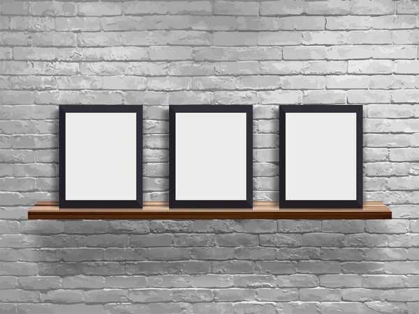 Vector mock up three blank frame on wood shelf with white brick wall, Loft workspace concept