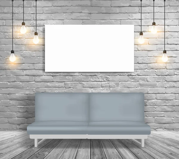 Vetor Simular Sofá Iluminação Sala Parede Tijolo Branco Conceito Espaço —  Vetores de Stock