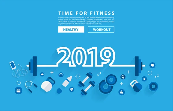 2019 Nyår Fitness Workout Typografi Alfabetet Konceptdesign Med Utrustning Vektor — Stock vektor