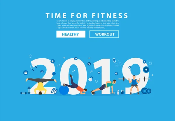 2019 Nyår Konceptet Fitnessutövaren Med Utrustning Vektor Illustration Modern Layout — Stock vektor