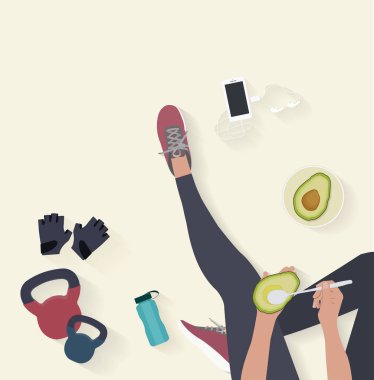 Fitness Ekipmanları düz vektör arka plan. Zemin ve eatting avokado üzerinde oturan kadın